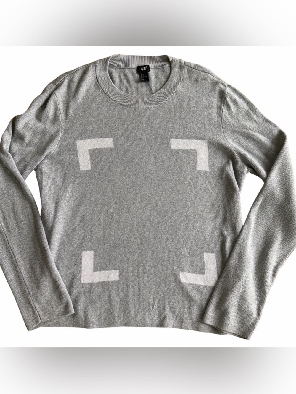 H&M Women's Gray Crewneck Cotton blend Sweater White Corner Accents Womens Sz L